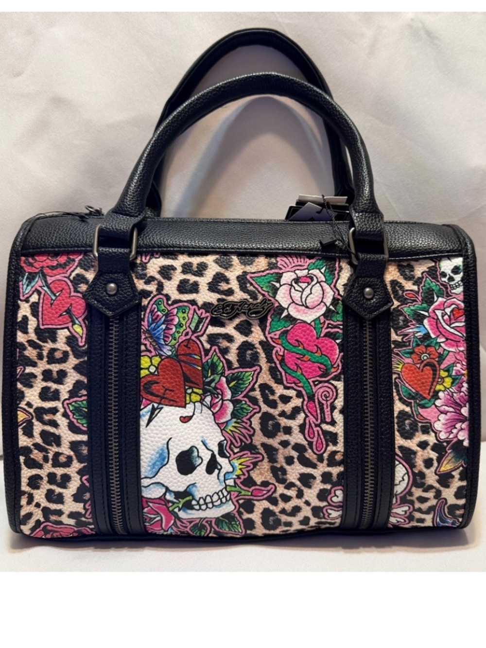 Ed Hardy Black Leopard Skull Floral Crossbody Satchel with Pink & Red AccentsNWT